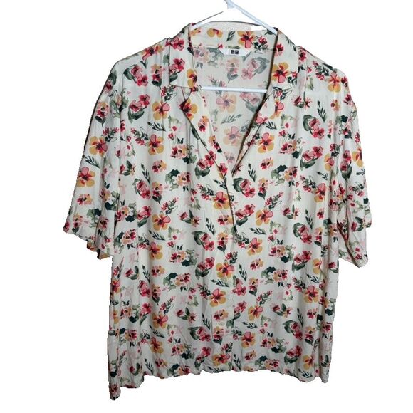 Uniqlo Shirt Women's Large Floral Button Up Short Sleeve Casual Boho Top - Picture 1 of 8